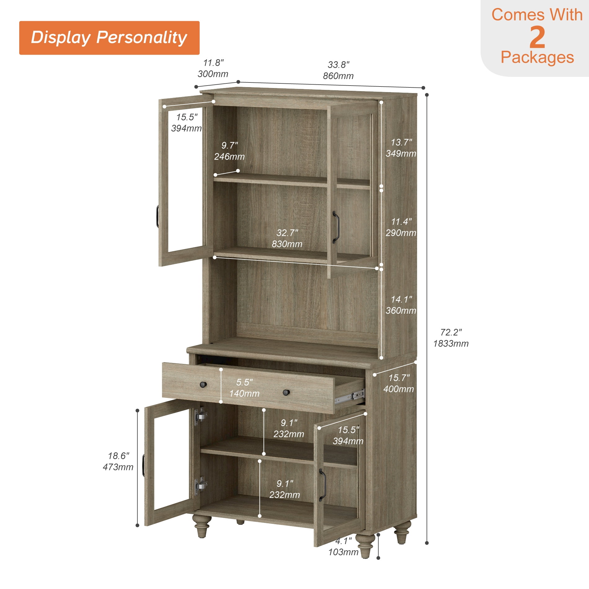 72"H x 33.9"W 5,ier Farmhouse Wooden Bookcase, Display Bookshelf with Glass Doors, Roomy Storage Cabinet & Wood Drawer, Library Book Shelf for Living Room, Office, Kitchen, Wash Gray