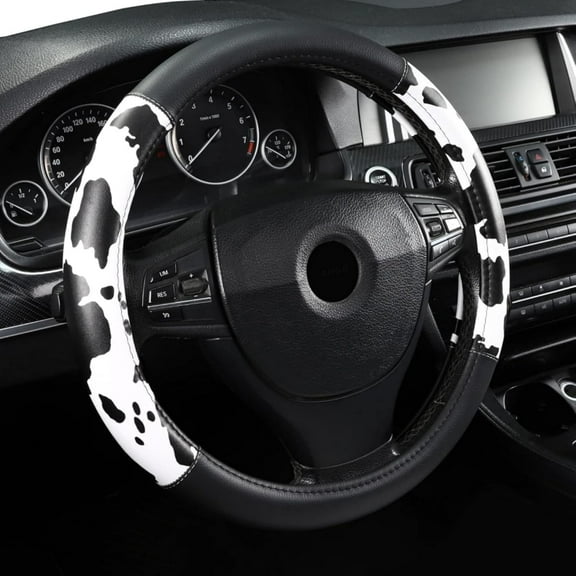 Cow Print Steering Wheel Cover, Microfiber Leather Cute Breathable Anti Slip Universal Protector 14.5-15 Inch Car Interior Accessories for Women Men, Black White
