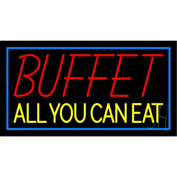 Buffet All You Can Eat with Green Border LED Neon Sign 13 x 24 - inches, Clear Edge Cut Acrylic Backing, with Dimmer - Bright and Premium built indoor LED Neon Sign for restaurant decor.