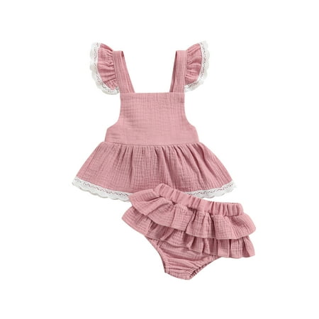 

LisenraIn Infant Baby Girl Dress Set Lace Hem Decor Ruffle Suspender Skirt Matching Elastic Waist Shorts