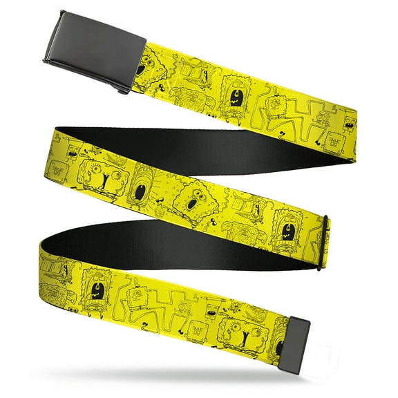Adjustable Belt, Clamp Buckle, Cut-to-Fit, Spongebob Squarepants Poses Collage Yellow Black