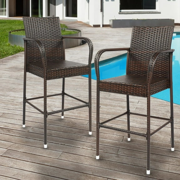 Ktaxon 2Pcs Wicker High Bar Chair for Outdoor Garden , Brown Gradient, Rattan Bar Stools w/ Footrest
