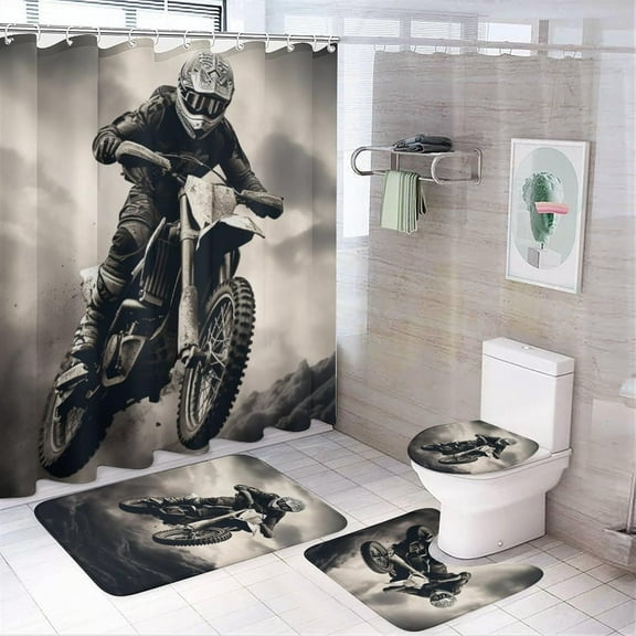 4Pcs Modern Motorcycle Racing Shower Curtain Sets with Non-Slip Rugs, Toilet Lid Cover and Bath Mat, Vintage Track Motorcycle Sports Bathroom Decor Set Waterproof Shower Curtains with 12 Hooks