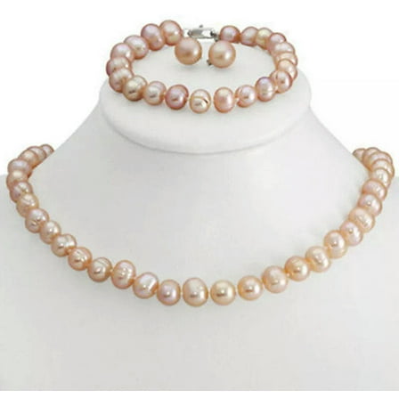 K-KED Genuine 8-9mm Pink Freshwater Cultured Pearl Necklace Bracelet & Earrings Set