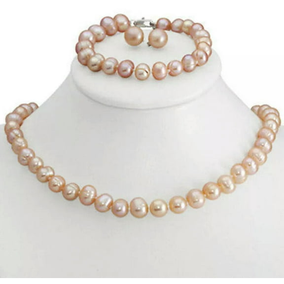 K-KED Genuine 8-9mm Pink Freshwater Cultured Pearl Necklace Bracelet & Earrings Set