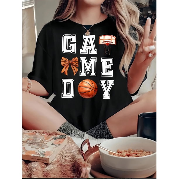 1pc Women'S Casual Basketball Game Day Printed T-Shirt, Round Neck Short Sleeve, Knitted Polyester Fabric, Geometric Pattern, Comfortable Sporty Tee for All Seasons