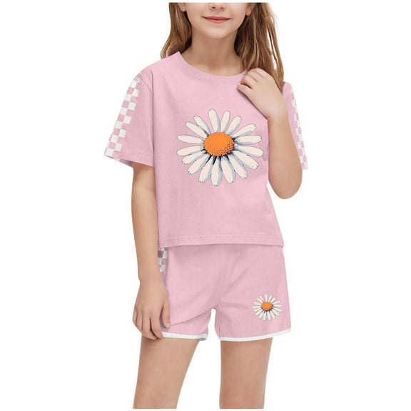 Cethrio Girls Outfit Sets, Summer 2 Piece Floral Printed T-shirts and Shorts Sets Pink Size 7-8T