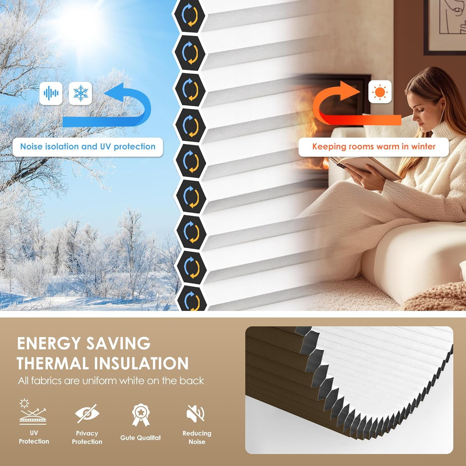 LazBlinds No Tools No Drill Cordless Cellular Shades, Blackout Light Blocking Honeycomb Shades for Home, Thermal Insulation Blinds for Windows, 34" W x 64" H, Dark Coffee