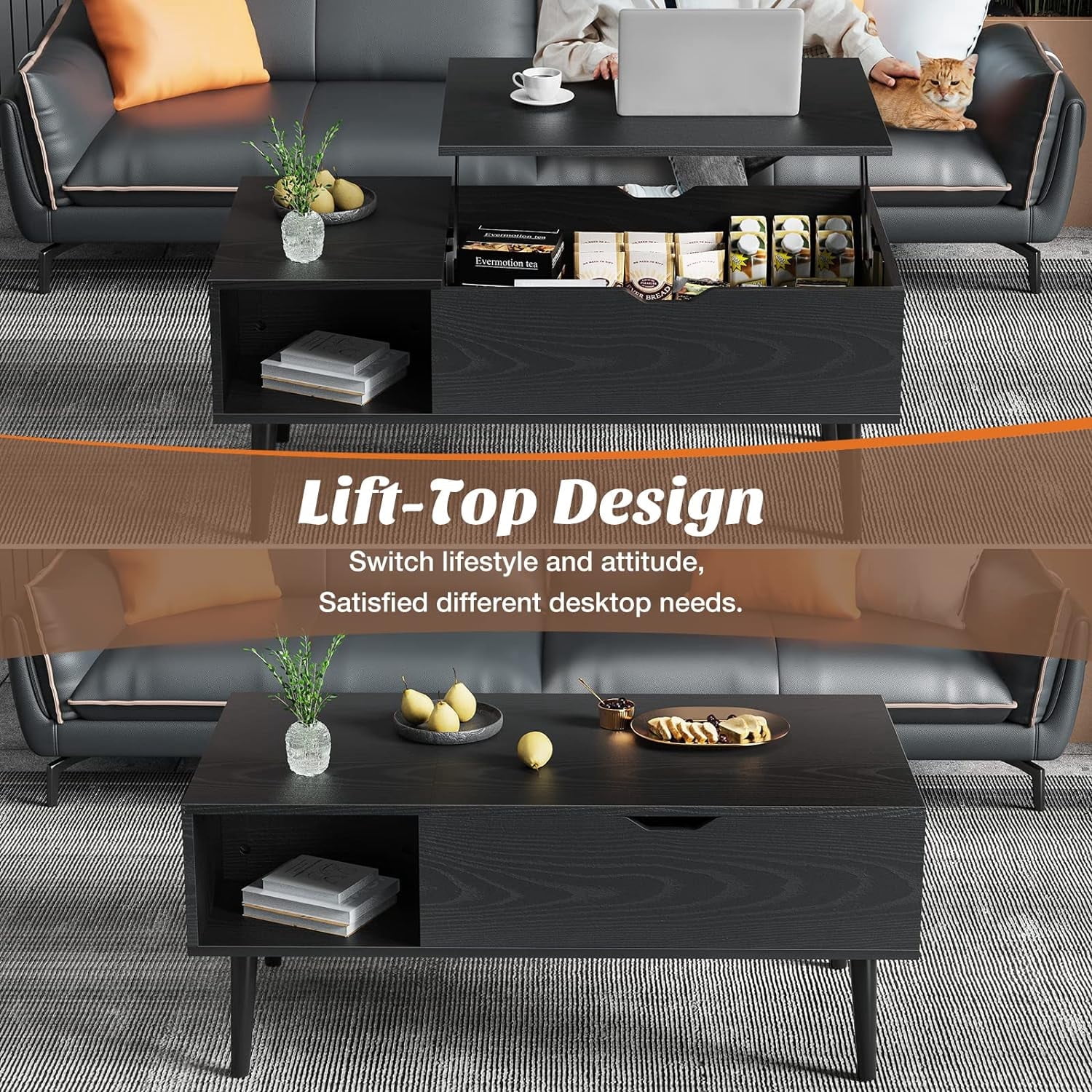 Living Room Table, Lift Top Coffee Table, Dining Center Tables with Storage Shelf and Hidden Compartment, Black