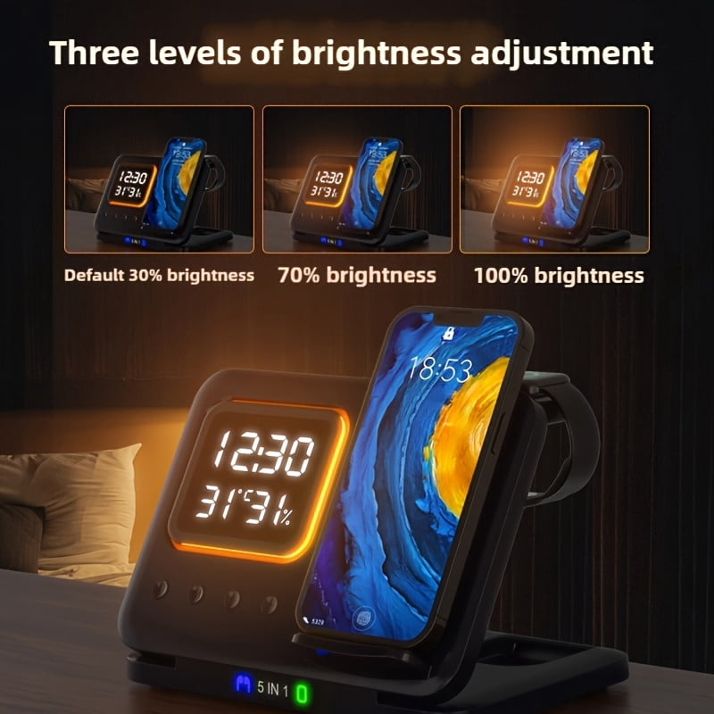 5 in 1 wireless charger, integrating night light, time and temperature display and ambient light, compatible with Apple mobile phones and watches, providing convenient charging.