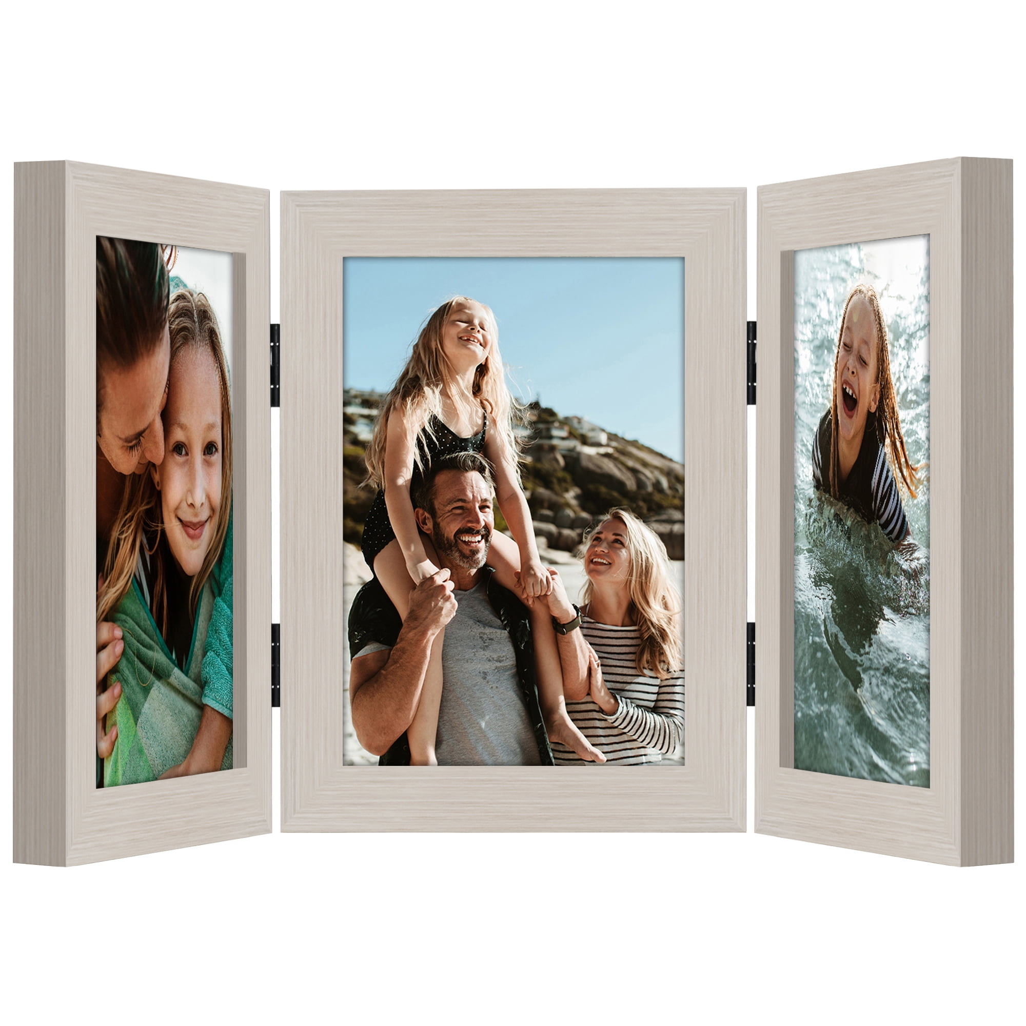 Americanflat Hinged 3 Photo Frame in Light Wood MDF - Desk Photo Frame for 5X7" Photos - Tri Folding Picture Frame For Desk - Displays 3 Photos with Shatter-Resistant Glass Covers 5x7 Triple Fold Light Wood