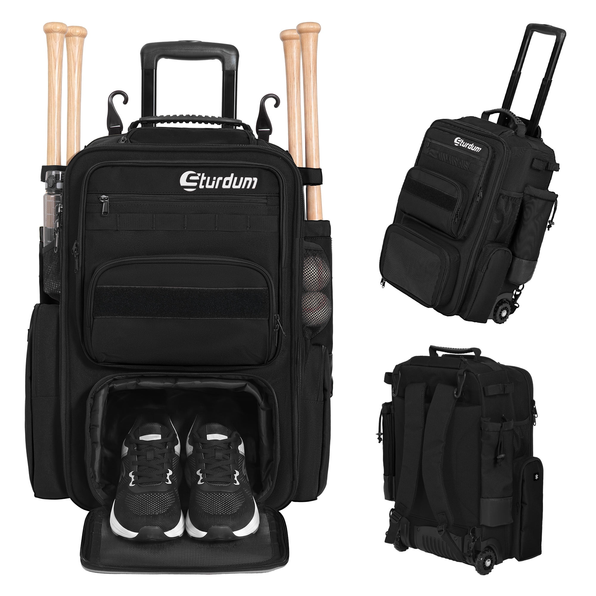 Sturdum Rolling Baseball Bag with Wheels, 70L Large Capacity Baseball & Softball Backpack with Hidden Shoulder Straps, Shoe Compartment, Fence Hooks & Multiple Pockets for Players and Coaches