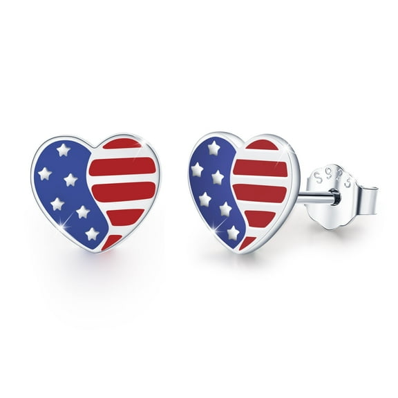 Cuoka USA American Flag Earrings Studs Patriotic Earrings Sterling Silver Heart Earrings for Women Independence Day Jewelry 4th of July Gifts