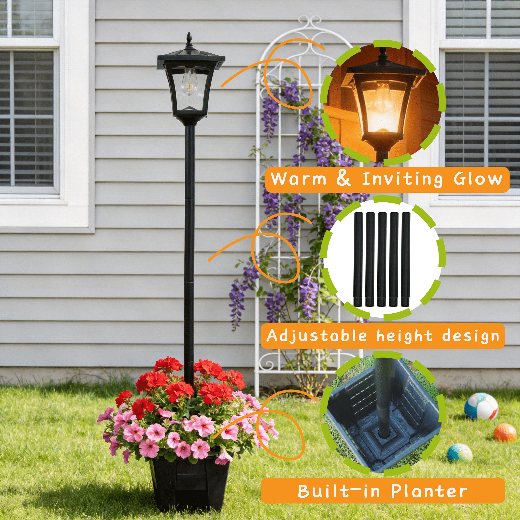 DJGIFI 150/125/100CM Adjustable Height Solar Garden Light Outdoor, Vintage Pathway LED Light with Flower Pot, Auto on/off