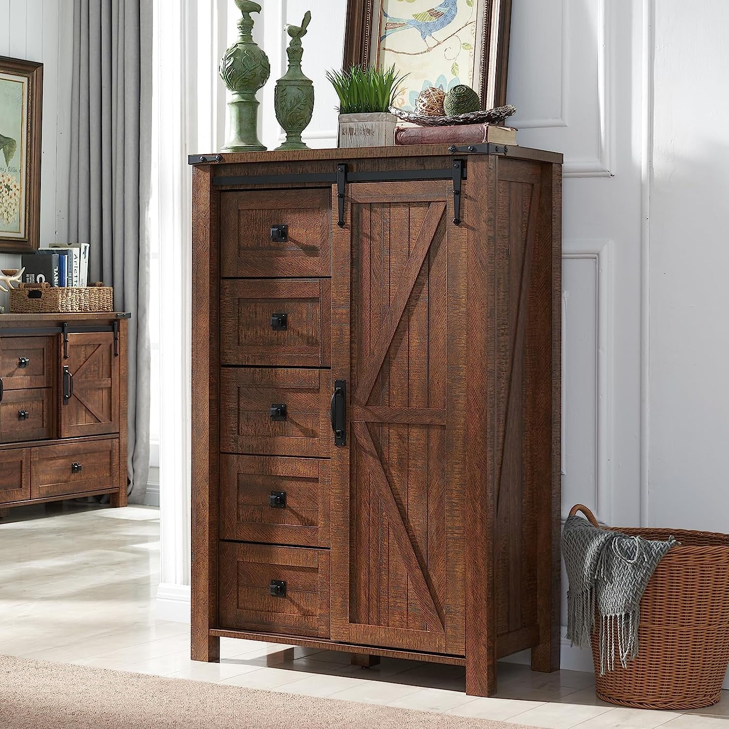 OKD 5 Drawer Reclaimed Barnwood Dresser with Sliding Barn Door