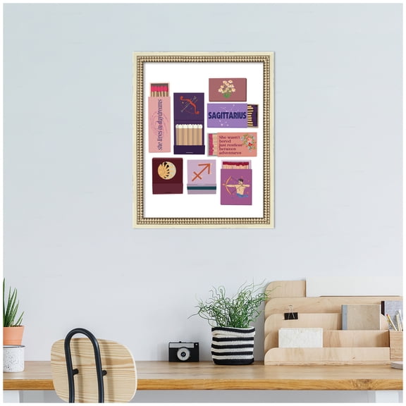 Kate and Laurel Framed Wall Art Print Sagittarius Matchbooks 14x18 FC by Megan Ryan, 16 x 20, Castellan Distressed White Frame, Whimsical, Typography Art for Wall Decor