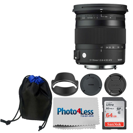 Sigma 17-70mm f/2.8-4 DC Macro OS HSM Lens for Nikon + 64GB Memory Card + Lens Pouch + Photo4Less Cleaning Cloth - Top Value DSLR Basic Lens Accessory