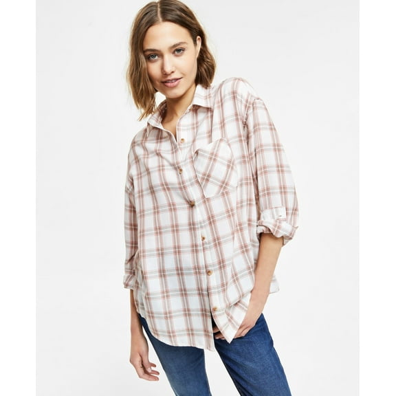 Juniors' Plaid-Print Button-Front Long-Sleeve Shirt Pink Plaid XS