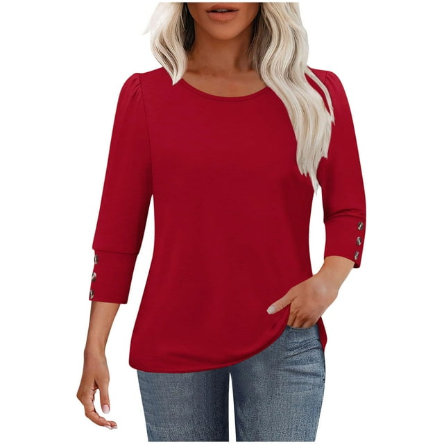Lenpel Hauts à Manches 3/4 pour Femmes Mode Couleur Unie Col Rond T-Shirts Amples Tunique Décontractée Blouses