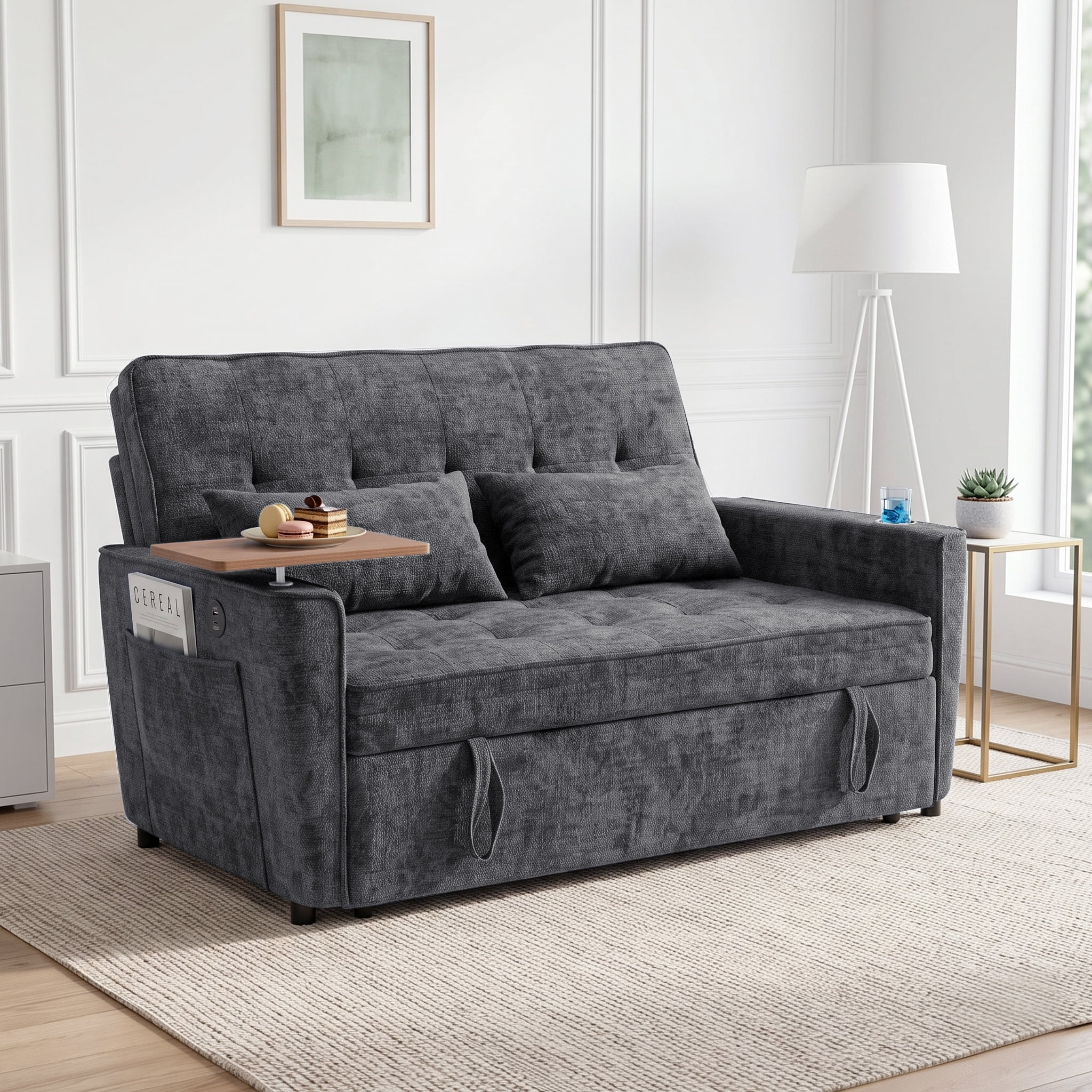 AISWORD 54" Convertible Pull Out Sleeper Sofa Bed, Chenille Loveseat Couch with USB Port, Side Tray Table, Cup Holder, Storage Pockets & Adjustable Backrest for Small Spaces, Dark Gray