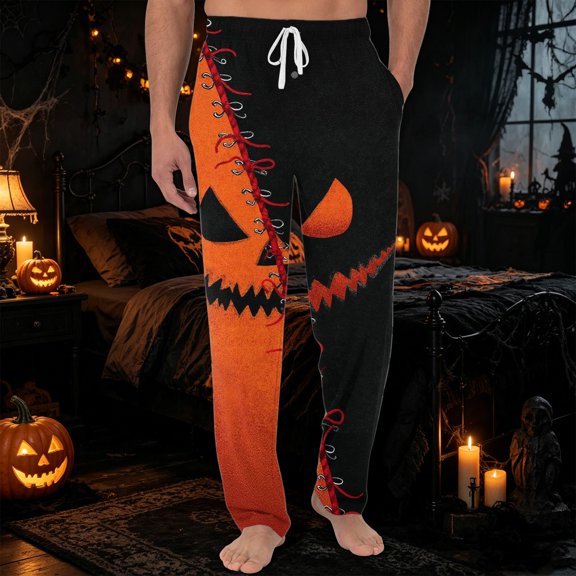 GrmtClth Mens Halloween Pajamas Pants Funny Novelty Bottoms Witch Pumpkin Ghost Face Print Relaxed Fit Costume for 2026 Halloween with Pocket Saffron S