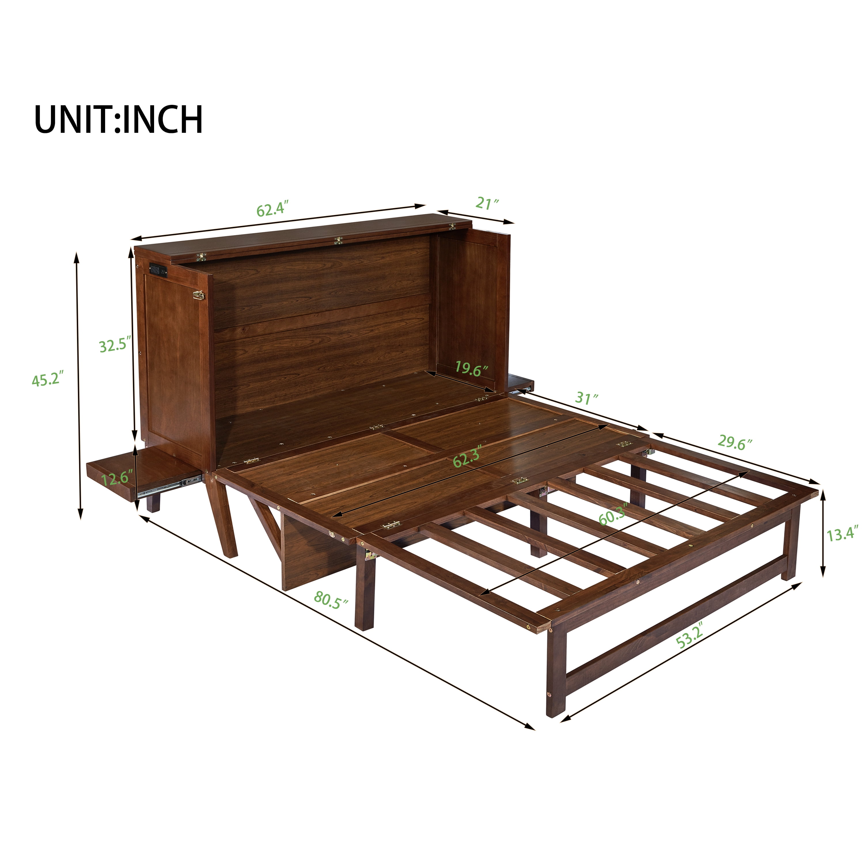 Sailvan Queen Size Murphy Bed with USB Port Shelves on Each Side, Solid Pine Murphy Cabinet Bed