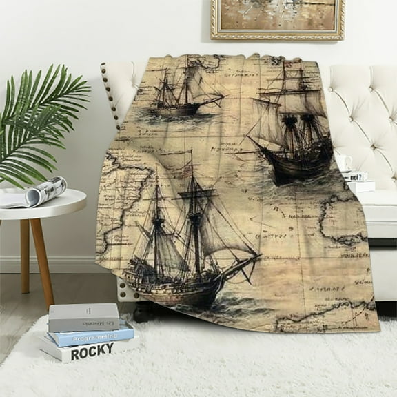 Autua Vintage Nautical Map Blanket Ships and World Maps Throw Blankets,Birthday Gifts for Kids Adult & History Lovers,Lightweight Soft Fleece Cozy for Sofa Couch Bed Room Classic Decor 40x50in