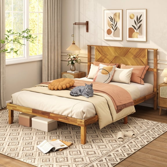 Furnibear Queen Bed Frame Acacia Wood Platform Bed Frame with Mid-Century Headboard, Queen Bed Frame with Headboard No Box Spring, Rustic Golden Brown