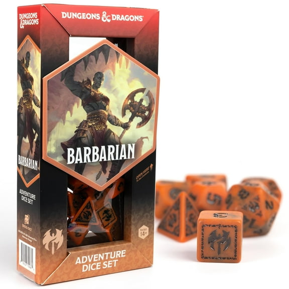 Dungeons & Dragons: D&D Adventure Dice: Barbarian - Orange - 15pc RPG Set, Class Symbols, Roleplaying Game Accessory, Sirius Dice, Officially Licensed