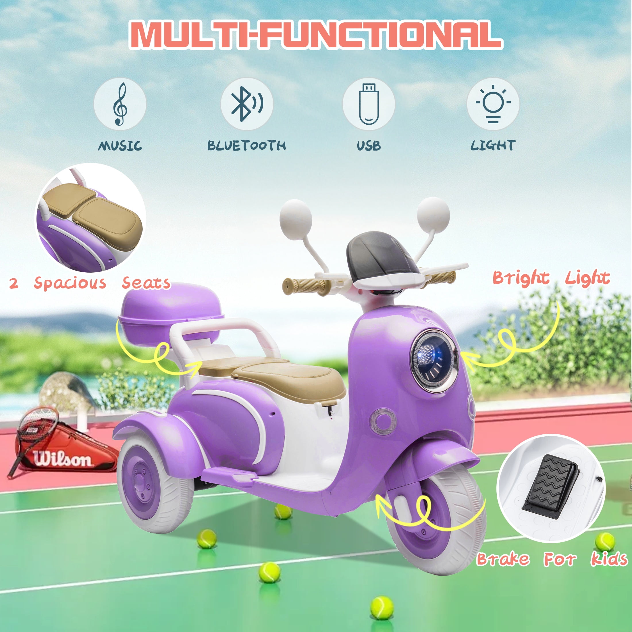 Dvsripa 12V Kids Electric Motorcycle,2 Seater Ride on 3 Wheel Scooter with 2.4G Parental Remote Control,USB,Music,Horn,Light,Big Storage Box,Dual Motor Electric Moped for Kids 3+,Purple