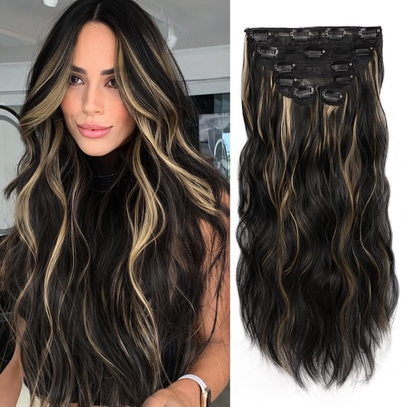 JOFMWIX Clip in Hair Extension 20 Inch Black Mix Blonde 6PCS Long Wavy Curly Hairpieces for Women Natural Thick Synthetic Fiber Double Weft Hair Full Head