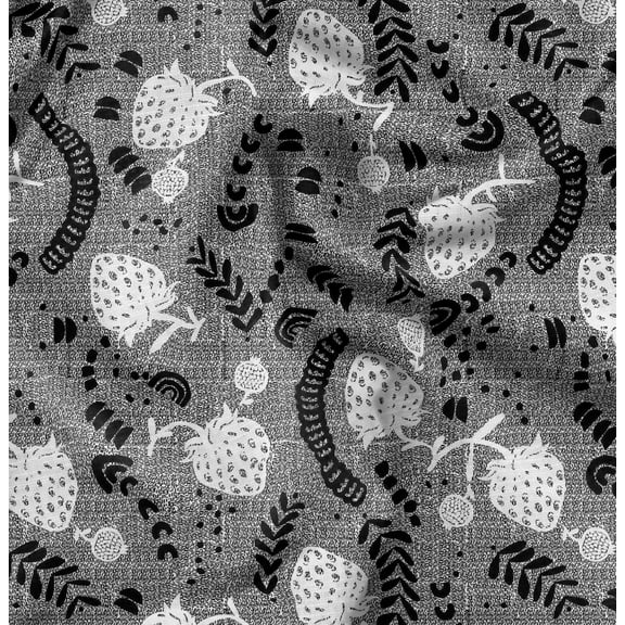 Soimoi Pure Silk Black Fabric By the Yard - 42 Inch Wide - Fruits Print Fabric - Strawberry Fruits Print Summer Green Garder for Mordern Project Printed Fabric
