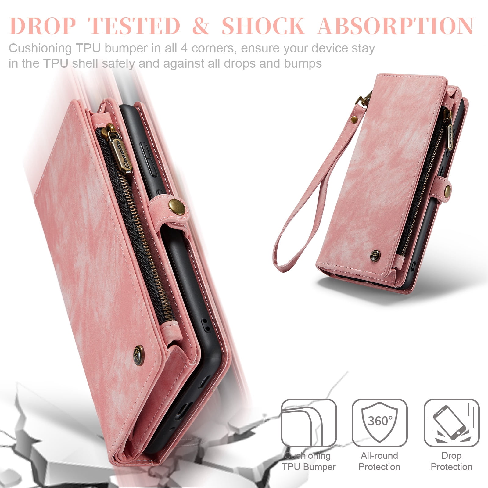 Feishell Durable 2-In-1 Magnetic Detachable Wallet Case for Samsung Galaxy S20+,for Women Men,Premium PU Leather Zipper Pocket Flip Multi Card Slots Purse Phone Case with Wrist Strap,Pink
