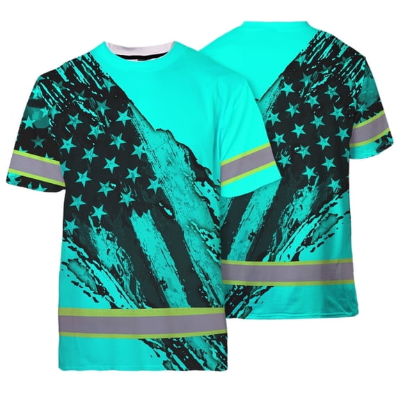 High Visibility Shirt Reflective Tapes Mint Neon US Flag Ripping Off Custom for Workers, Runners, Truckers, Patriotic-3XL