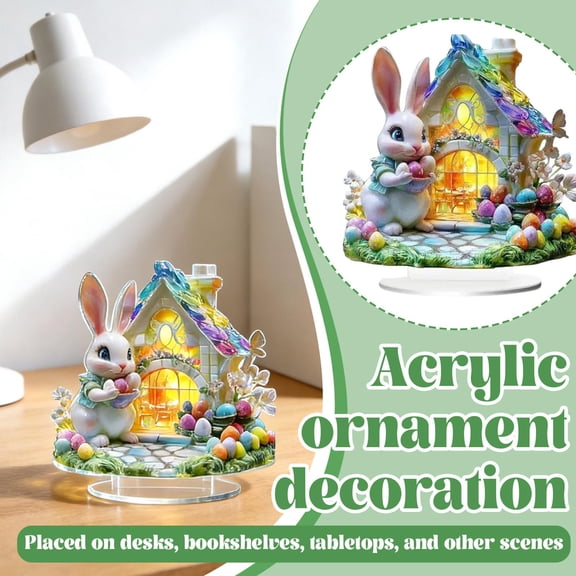 Whimsical Acrylic Easter Bunny Ornament, Adorable Rabbit Figure with Light-Up Cottage & decorative Eggs, Easter Home decorations, Bunny Party decorations, Spring Table decor, Home
