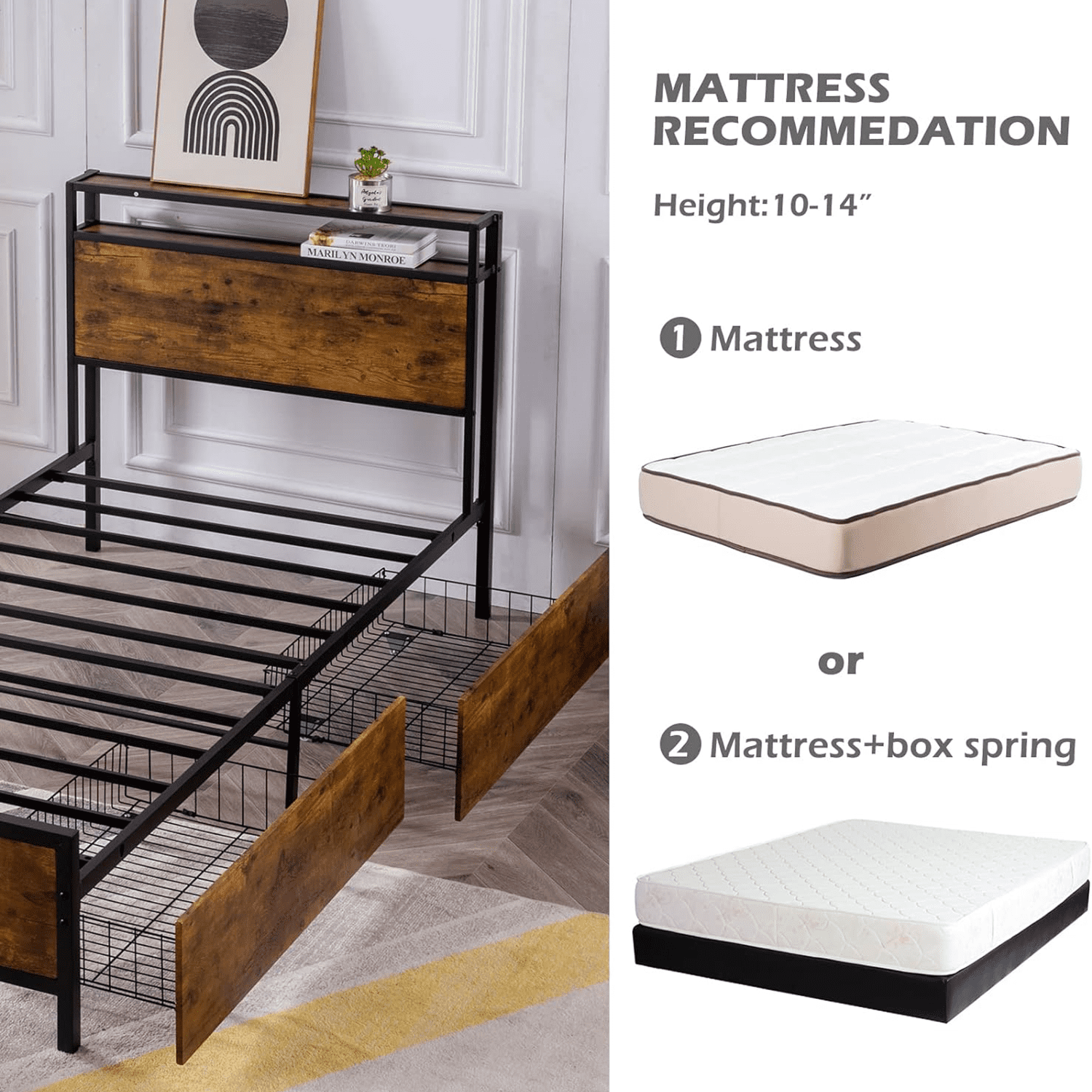 Reliancer Twin-XL Bed Frame with 2 XL Storage Drawers, Platform Bed Frame with 2-Tier Headboard, Strong Metal Slat Support/No Box Spring Required/Easy Assembly, for Teenagers Adults