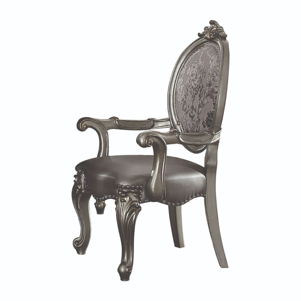 Silver Floral Faux Leather Arm Chair with Scrolled Motifs
