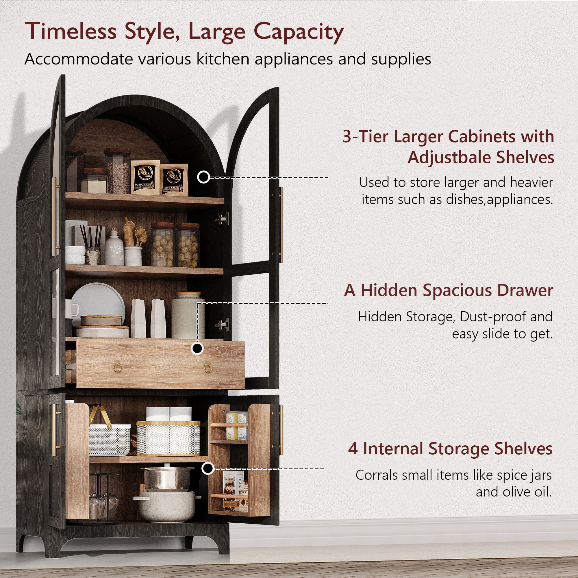 Euroco 71” Arched Kitchen Pantry Cabinet with Soft-Close Doors, Internal Door Racks, Adjustable Shelves and Drawer – Modern Farmhouse Storage Cabinet for Kitchen, Dining Room, or Living Room