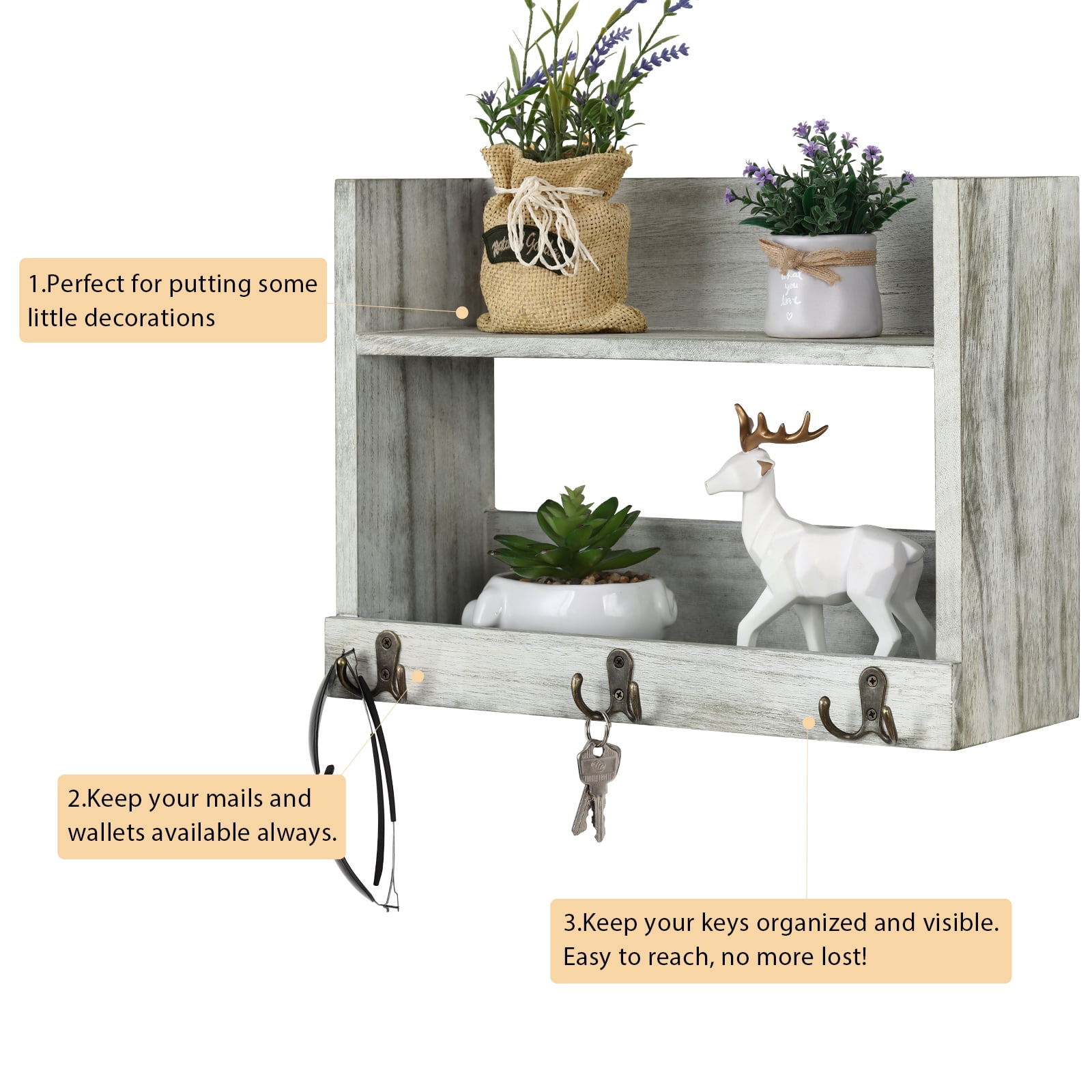 Rustic Wood Decoration Floating Storage Shelf with 3 Hooks, Olive Green