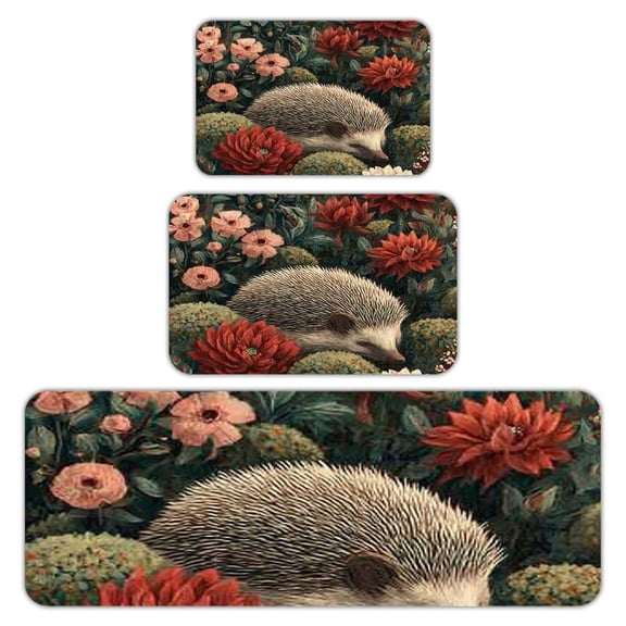RKSupls Kitchen Rug Set 3 Piece Anti-Slip Flannel Floor Mats, Hedgehog Dahlia Garden Washable Absorbent Runner Mats for Kitchen Bathroom Home Decor