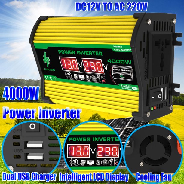 Inversor de coche de 12 V a 220 V/110 V, inversor de corriente Digital de 4000 W, carga rápida USB Dual Likrtyny Accesorios para autos y motos