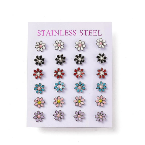 Mixed Color Bling Enamel Daisy Flower Stud Earrings 304 Stainless Steel Earrings with 316 Surgical Stainless Steel Pins for Women Stainless Steel Color 8x8x1.5mm Pin: 0.8mm
