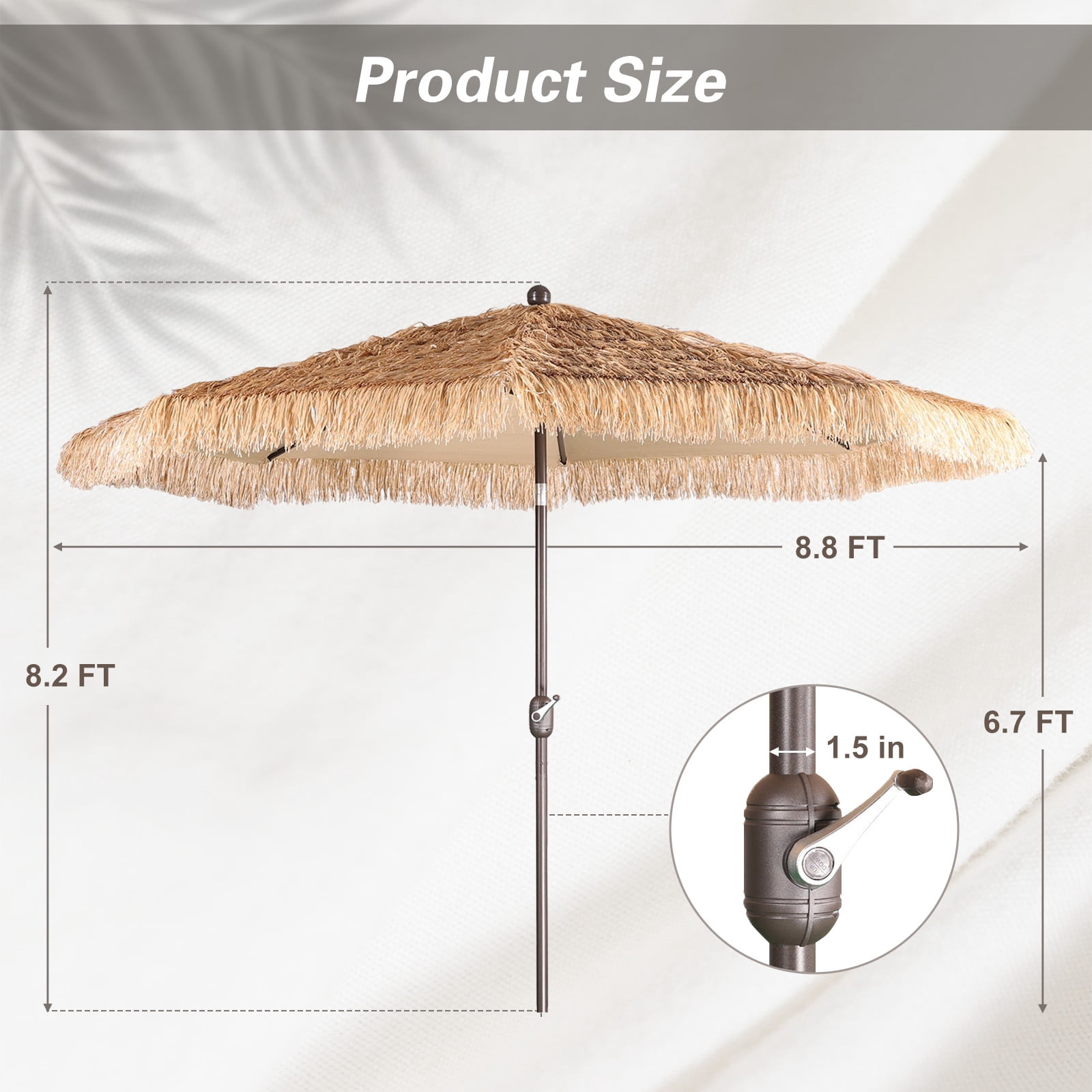 Aoodor 9FT Thatch Patio Umbrella, Tiki Style Outdoor Umbrella with Crank Lift for Poolside, Backyard, Beach - Natural Straw Look (No Base)