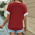 thumbnail image 4 of Fashion Olyvenn Criss Cross V Neck Tops for Women Lace Patchwork Short Sleeve Shirt Solid Color T Shirts Plus Size Loose Fit Blouse Wine S, 4 of 7