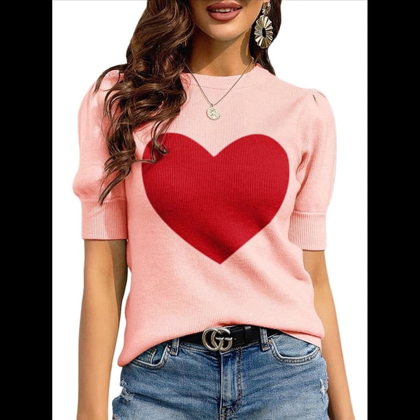 Suéter de Corta Abullonada para Mujer, Informal, de Verano, con Cuello Redondo, Blusa de Punto Acanalado. Rosa M