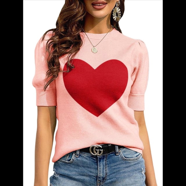 Suéter de Corta Abullonada para Mujer, Informal, de Verano, con Cuello Redondo, Blusa de Punto Acanalado. Rosa S