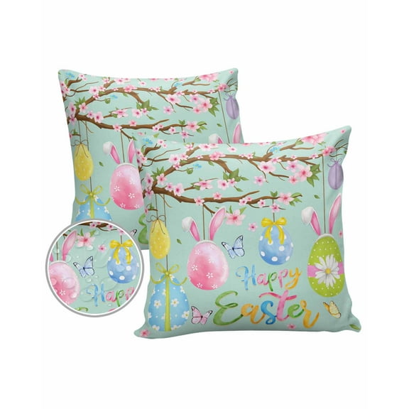 Pack of 2 Outdoor Pillow Covers, Happy Easter Spring Color Eggs with Flowers Blue Waterproof Square Throw Pillowcase Cushion Decorative Pillow Covers for Couch Patio Tent, 18x18 in