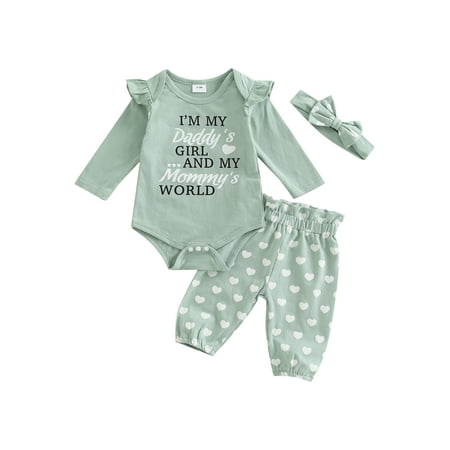 

Bagilaanoe 2Pcs Newborn Baby Girl Long Pants Set Letters Print Long Sleeve Romper Tops + Heart Print Trousers + Headband 3M 6M 9M 12M 18M 24M Infant Casual Outfits