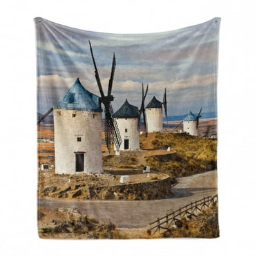 Windmill Soft Flannel Fleece Throw Blanket, Medieval Spain Windmills in Consuegra Old Historical Landmark, Cozy Plush for Indoor and Outdoor Use, 50" x 60", Blue White Pale Brown, by Ambesonne