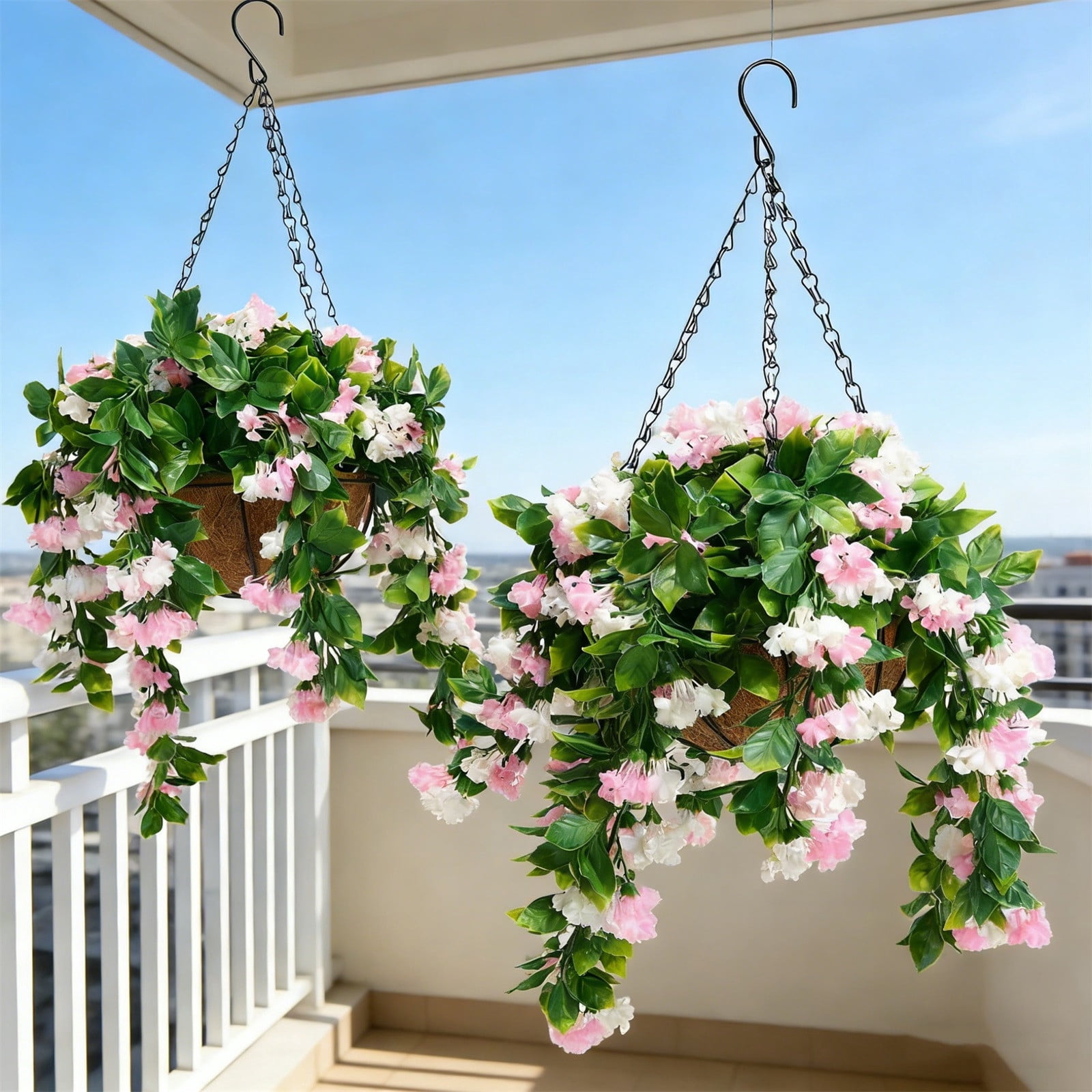 2PC Artificial Faux Hanging Plants Flowers Basket 15" Faux UV Resistant Crepe Myrtle for Outdoors Indoor Pink